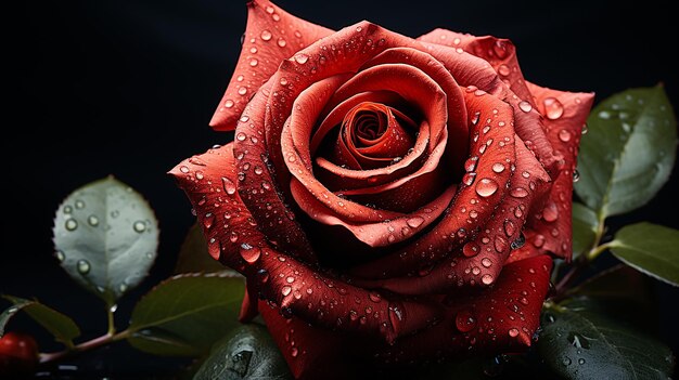 Czerwona róża z kropelami wody.