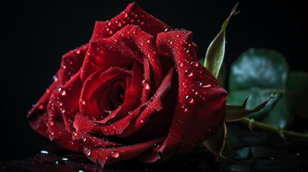 Czerwona róża z kropli wody na jej temat