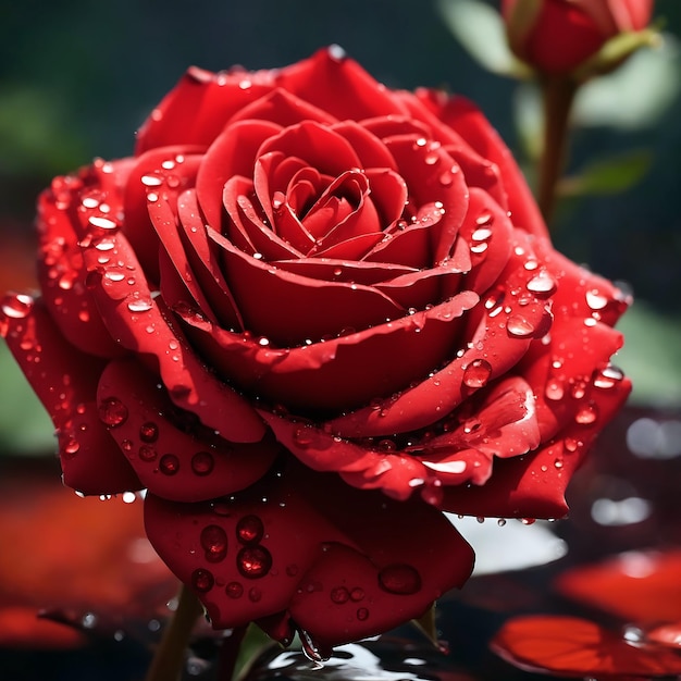 Czerwona róża z pluskiem wody i kroplami na białym tle Generative Ai