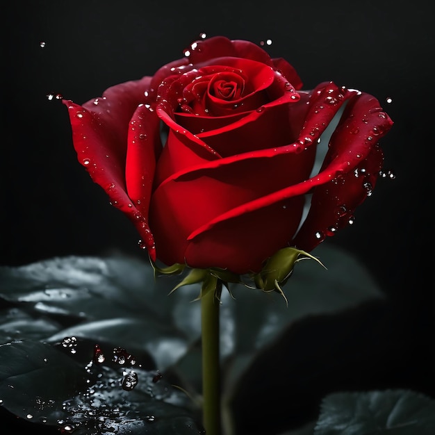 Czerwona róża z pluskiem wody i kroplami na białym tle Generative Ai
