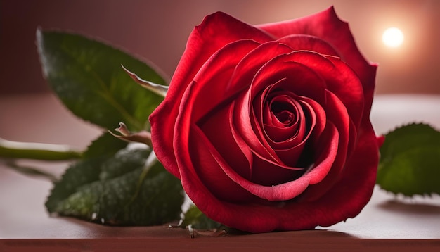 Czerwona róża z zielonym liściem.
