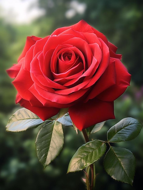 Zdjęcie czerwona róża z zielonymi liśćmi i rozmytym tłem.