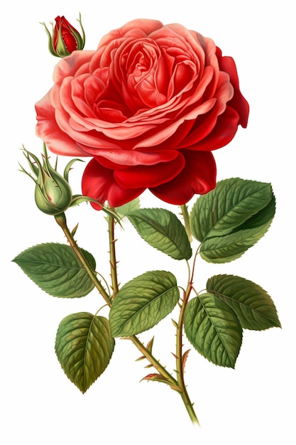Czerwona róża z zielonymi liśćmi na białym tle akwarela ilustracja