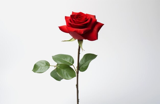 Czerwona róża z zielonymi liśćmi na białym tle