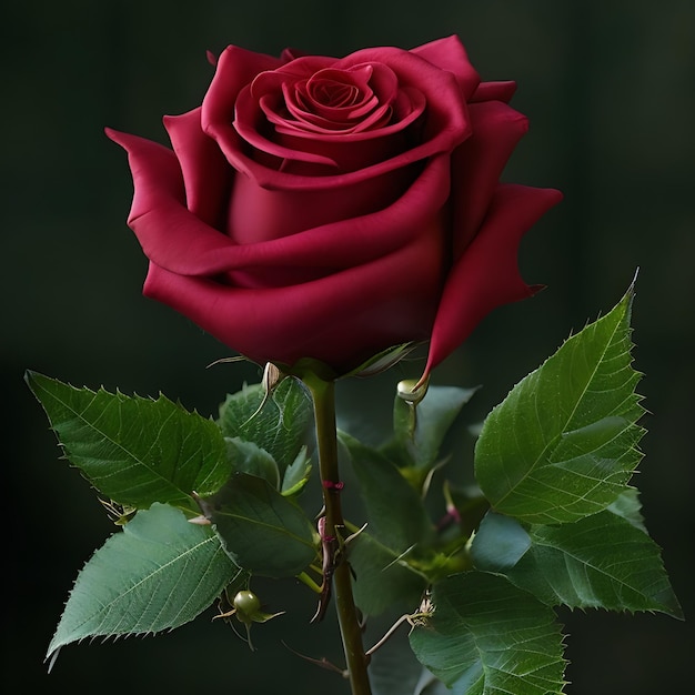 Czerwona róża z zielonymi liśćmi