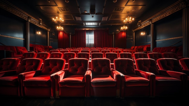 czerwona sala kinowa z siedzeniami i krzesłami