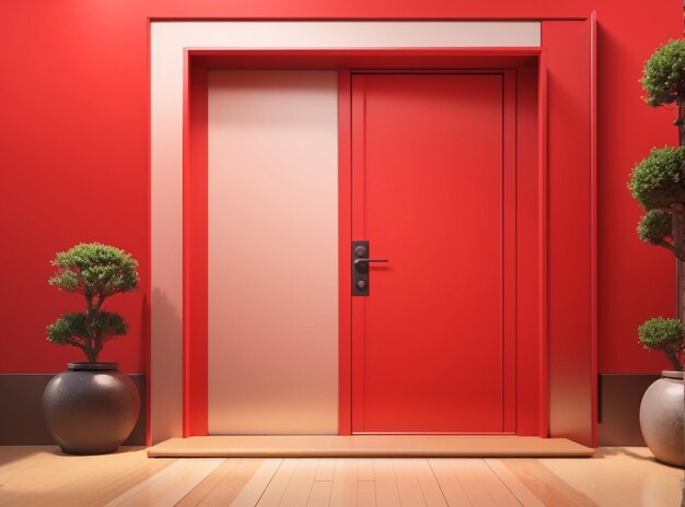 Czerwona ściana z stylowo wykonanymi drzwiami Artystyczny projekt 3D