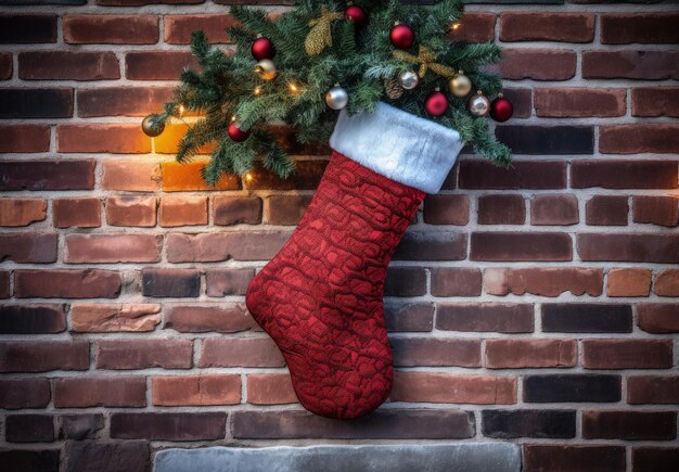 Zdjęcie czerwona skarpetka bożonarodzeniowa wisząca na murze z cegły koncepcja świąteczna generatywna sztuczna inteligencja