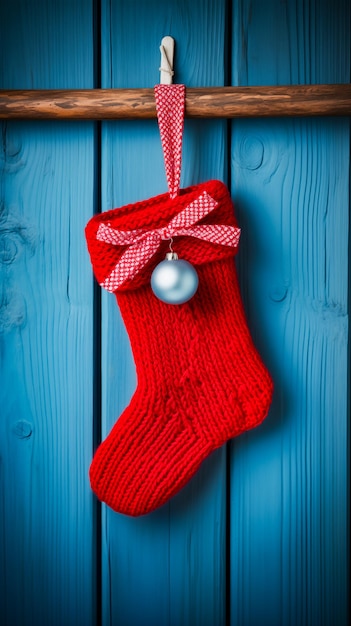 Zdjęcie czerwona skarpetka świąteczna na niebieskim drewnianym tle z przestrzenią do kopiowania koncepcja świąteczna closeup