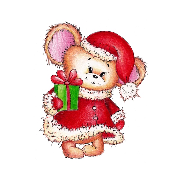 Zdjęcie czerwona śmieszna myszka w czerwonej czapce, płaszcz mikołaja z prezentem w łapie namalowany akwarelą na białym tle