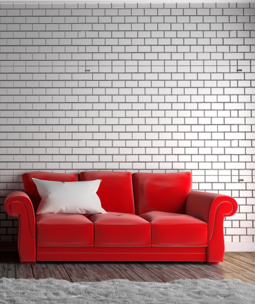 Czerwona sofa i poduszki, dywan, drewniane podłogi na pusty mur. Renderowania 3D