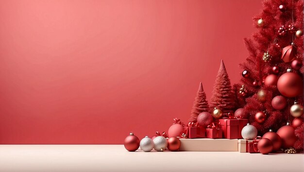 Czerwona świąteczna dekoracja podium z noworocznymi atrybutami choinka ChristmastreestoystinselGenerative AI