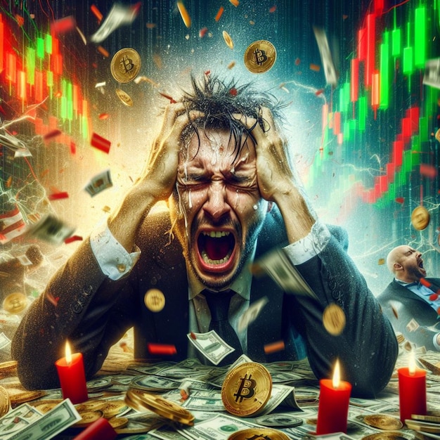 Czerwona świeca chaos chaotyczna scena katastrofy bitcoina uchwycająca rozpacz zdruzgotanych handlowców