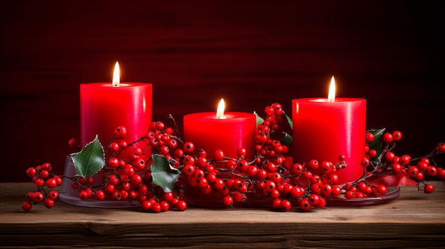 Czerwona świeca i świąteczne ozdoby na czarnym stole