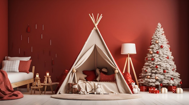 Czerwona sypialnia z choinką i Teepee 3D Rendering