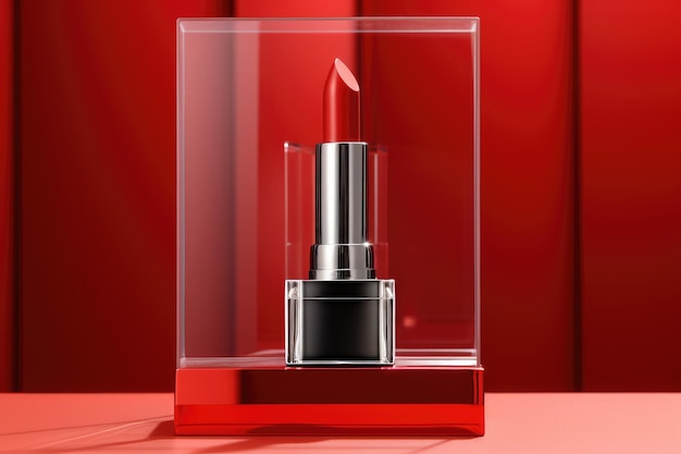 Czerwona szminka na czerwonym tle Prezentacja szminki w czarnej tubie Czarne etui Balsam do ust Kosmetyk