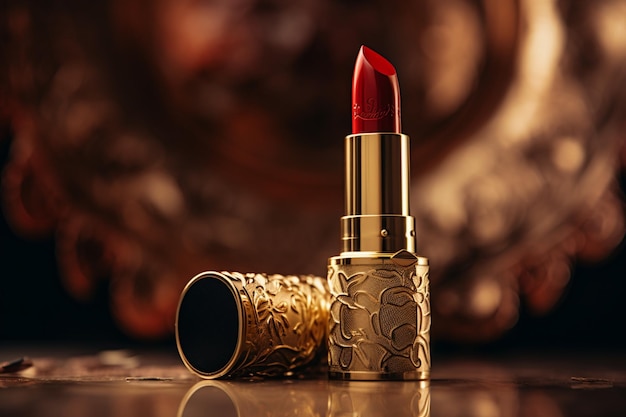 Czerwona szminka na stole ze złotą etykietą z napisem „czerwona szminka”