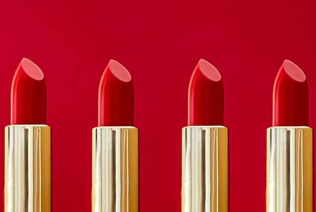 Czerwona szminka w złotych tubkach na kolorowym tle luksusowy makijaż i kosmetyki do projektowania produktów marki kosmetycznej