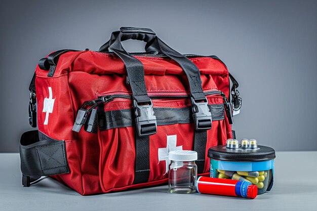 Czerwona torba z zestawem pierwszej pomocy z sprzętem medycznym i lekami na nagłe leczenie