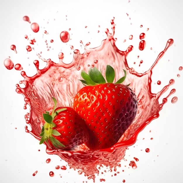 Czerwona truskawka jest w odrobinie wody z napisem truskawka.