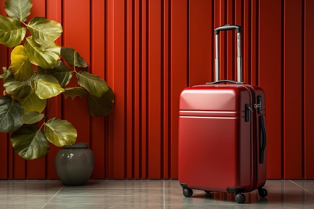 Czerwona walizka na lotnisku z czerwoną ścianą zielona roślina koncepcja podróży lotnisko