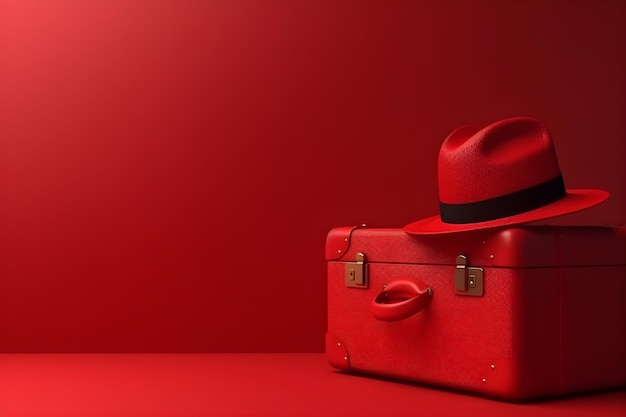Czerwona walizka z czerwonym kapeluszem