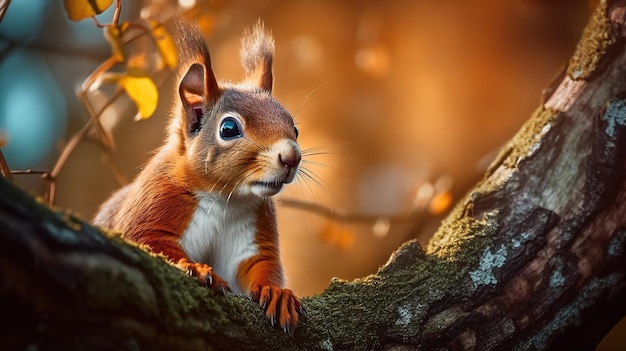 Czerwona wiewióra na drzewie Piękna wiewiórka z pomarańczowymi oczami