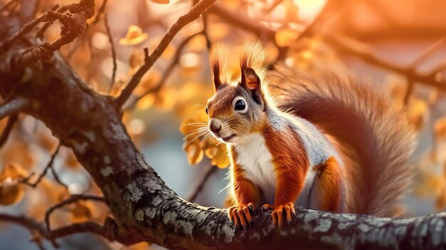 Czerwona wiewióra na drzewie Piękna wiewiórka z pomarańczowymi oczami
