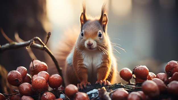 Czerwona wiewiórka siedzi na gałęzi w zimowym lesie i je czerwone jagody.