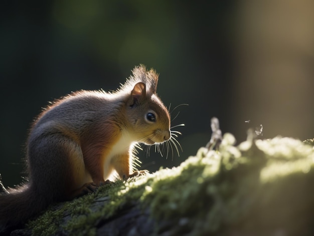 Czerwona wiewiórka siedzi na kłodzie w lesie
