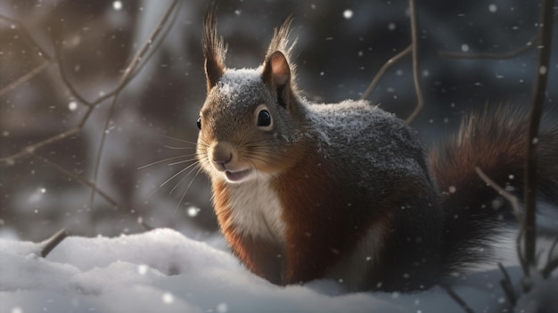 Czerwona wiewiórka siedzi na śniegu w zimowym lesie z generatywnym ai płatków śniegu
