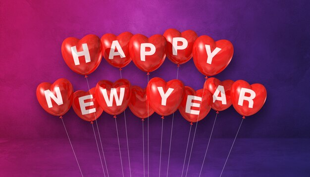 Czerwone balony kształt serca szczęśliwego nowego roku na fioletowym tle betonu. Baner poziomy. Renderowanie ilustracji 3D