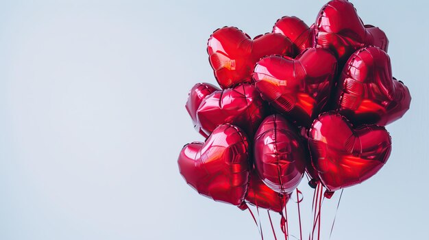 Czerwone balony w kształcie serca na Walentynki na niebieskim tle