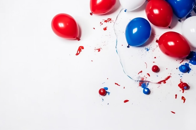 Czerwone, białe i niebieskie balony są rozrzucone na białej powierzchni.