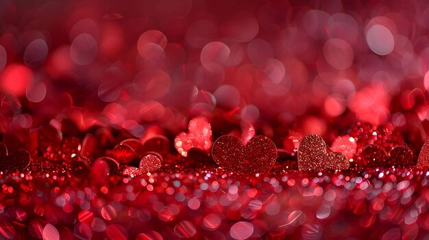 Czerwone błyszczące serca na czerwonym tle z niewyraźnym błyszczącym bokehem Idealne dla Miłości i romansu na Dzień Walentynek