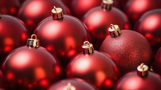 Czerwone bombki świąteczne z bliska Abstrakcyjne tło dekoracje świąteczne