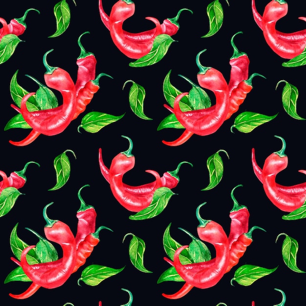 Czerwone chili ostra papryka i zielone liście akwarela bezszwowe wzór na czarnym tle