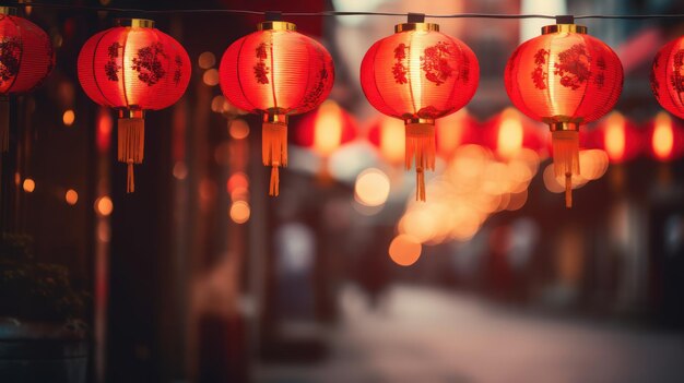Czerwone chińskie latarnie wieczorem na ulicy chińskie świętowanie Nowego Roku koncepcja latarni chińska
