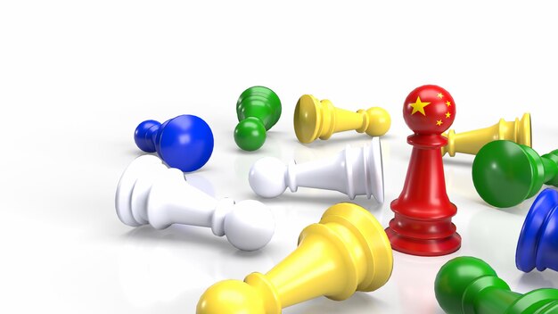 Czerwone chińskie szachy i wielokolorowe szachy na białym tle dla koncepcji biznesowej renderowania 3d