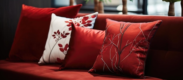Czerwone dekoracyjne poduszki na nowoczesnej kanapie