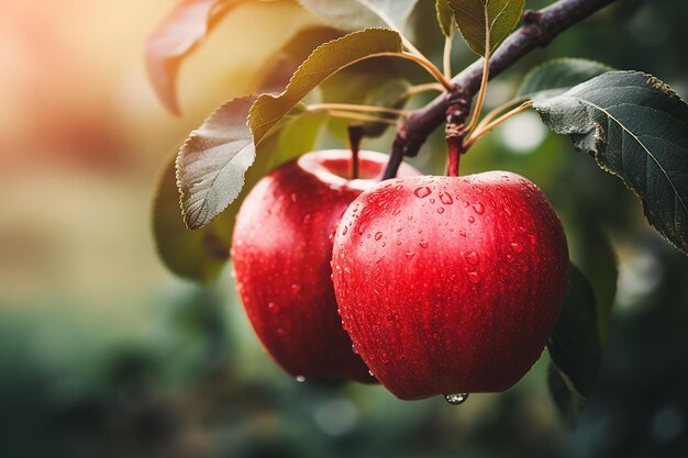 Czerwone dojrzałe jabłka wiszące na gałęzi