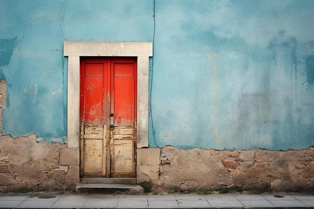czerwone drzwi przed niebieską ścianą
