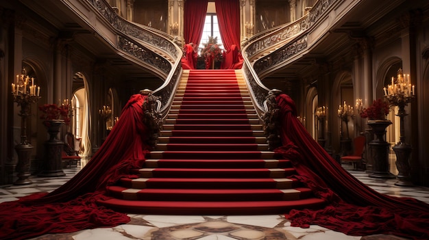 Czerwone dywanowe schody prowadzące do czerwonego pokoju z zasłonami Generatywna sztuczna inteligencja