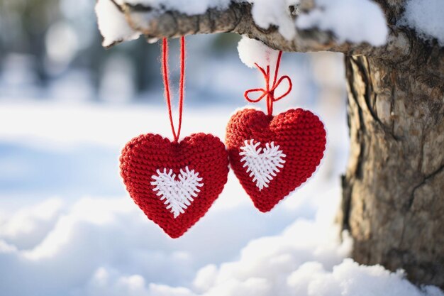 Czerwone dziane serce na gałęziach drzewa w śniegu