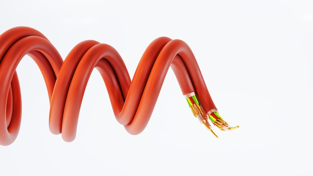 Czerwone elastyczne przewody elektryczne miedziane zbliżenie kabla elektrycznego renderowania 3D