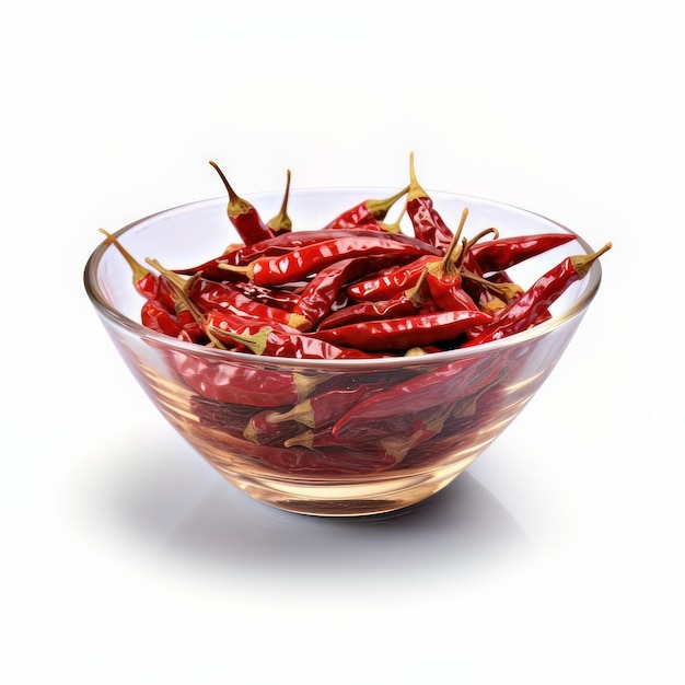 Czerwone gorące papryki chili w szklanej misce na białym tle