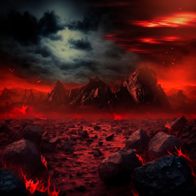Czerwone góry migają i pękają na powierzchni Ponure niebo Magma i lawa rozprzestrzeniają się po górach