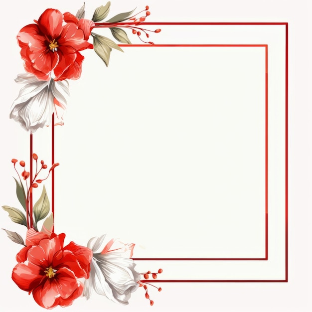 czerwone i białe kwiaty w kwadratowym ramie na białym tle