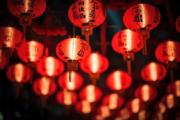 Czerwone i białe latarnie papierowe z chińskimi znakami nocne zdjęcie na Chiński Nowy Rok