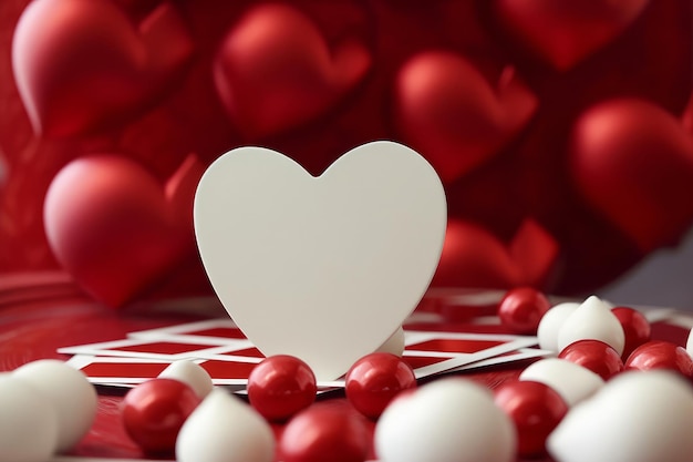 Czerwone i białe serca są na stole z białym sercem na górze.